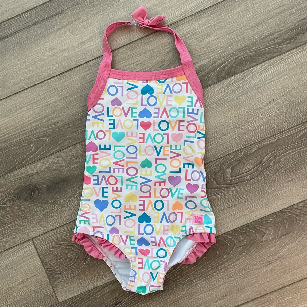 Ruffle Butts Girl 4T Pink Colorful Love Print One Piece Bathing Suit Swim Beach